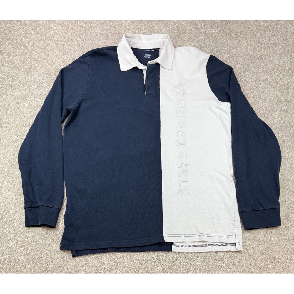 American Eagle Rugby Shirt Men's LARGE Standard Fit White Blue Striped Spellout